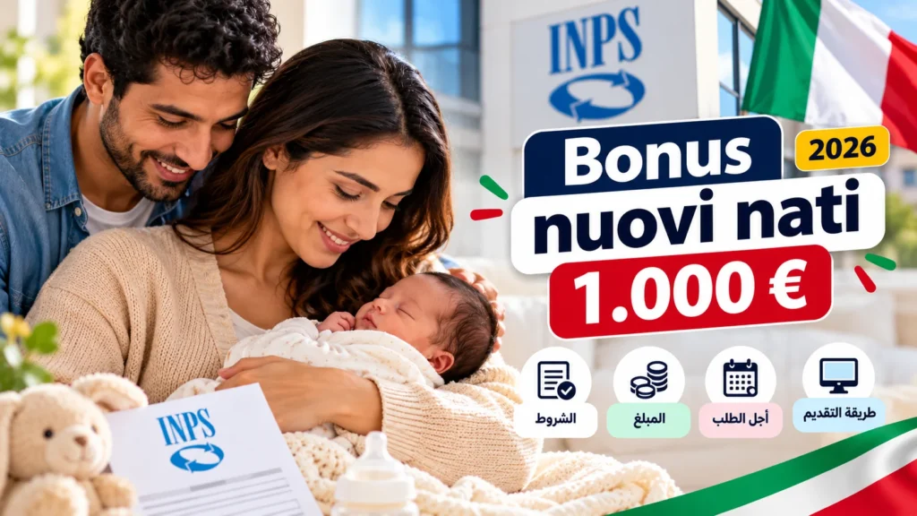 أسرة مع مولود جديد في إيطاليا وصورة توضيحية لمنحة Bonus nuovi nati بقيمة 1000 يورو سنة 2026