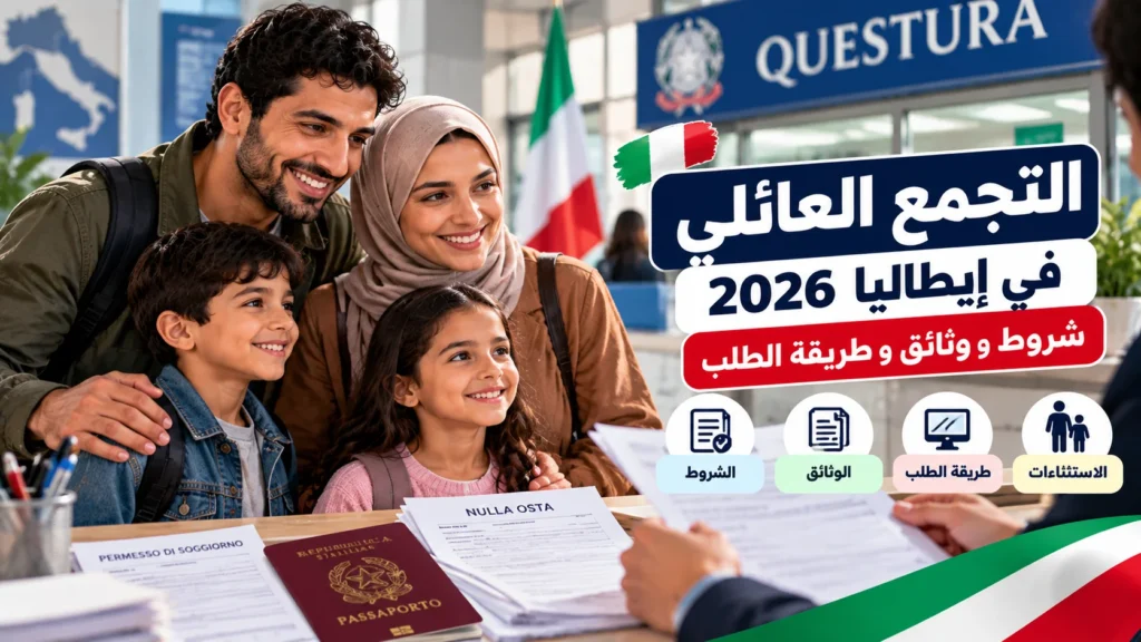 أسرة في إيطاليا مع وثائق التجمع العائلي Ricongiungimento familiare وطلب Nulla Osta لعام 2026