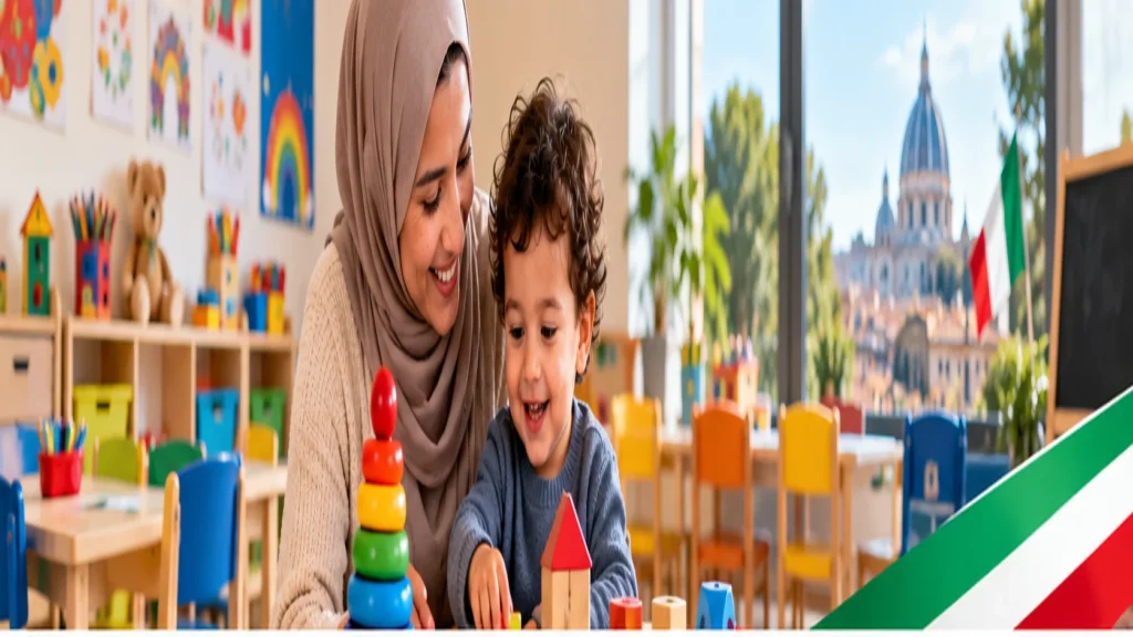 أم وطفل في حضانة بإيطاليا، صورة توضيحية لدعم Bonus Asilo Nido 2026 من INPS