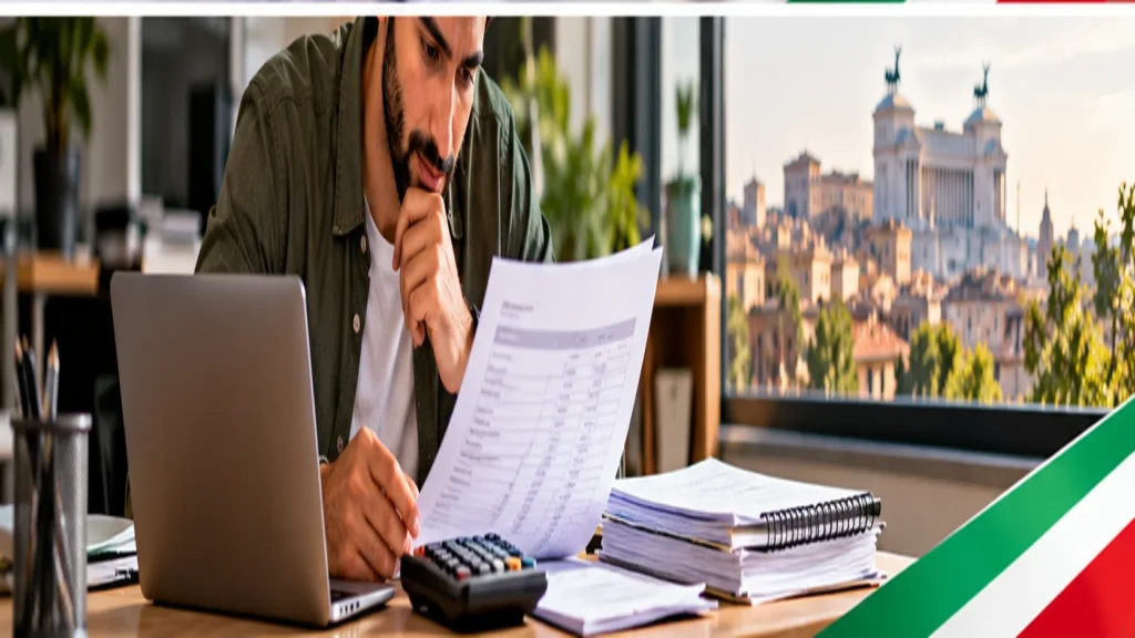 عامل يراجع أوراق الرواتب والاشتراكات التأمينية لتوضيح تصحيح Contributi INPS الناقصة
