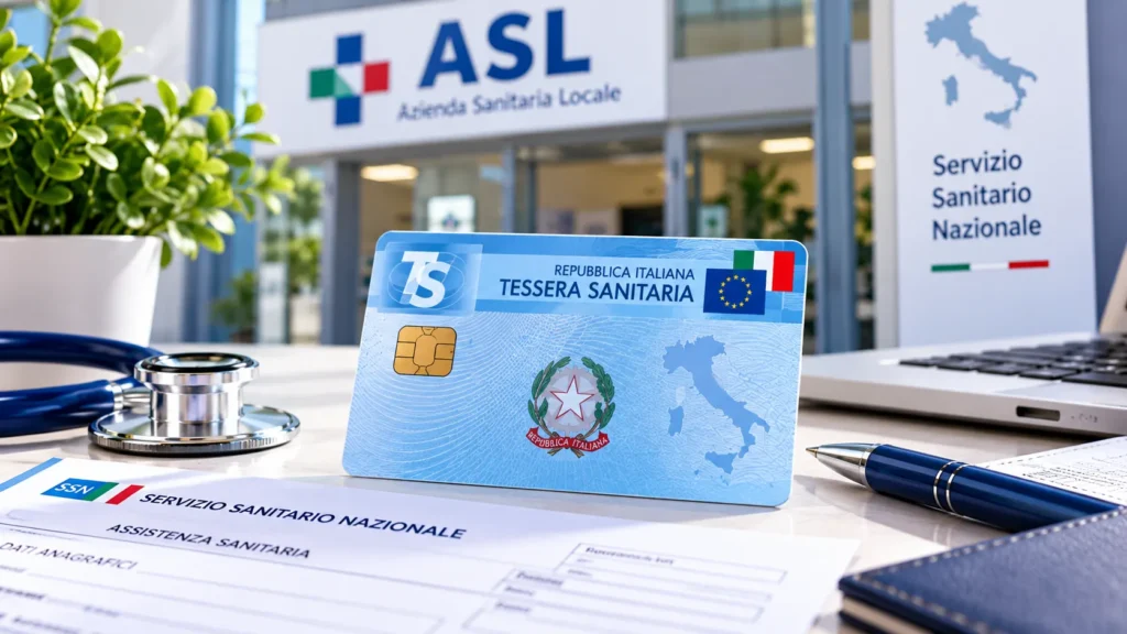 صورة توضيحية للبطاقة الصحية الإيطالية Tessera Sanitaria أمام مكتب ASL مع سماعة طبية