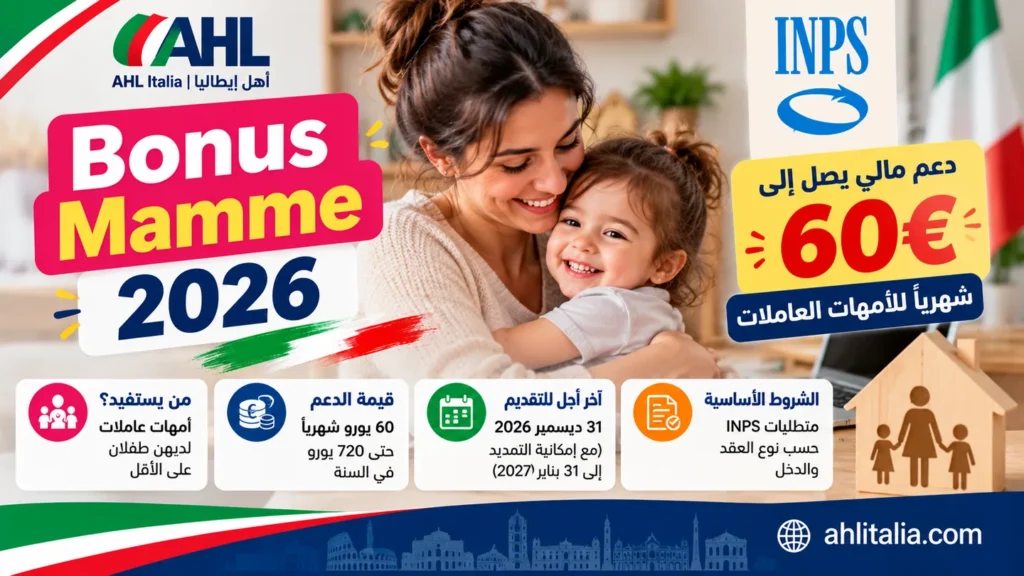 صورة توضيحية لأم وطفلتها عن Bonus Mamme 2026 ودعم 60 يورو شهرياً للأمهات العاملات في إيطاليا
